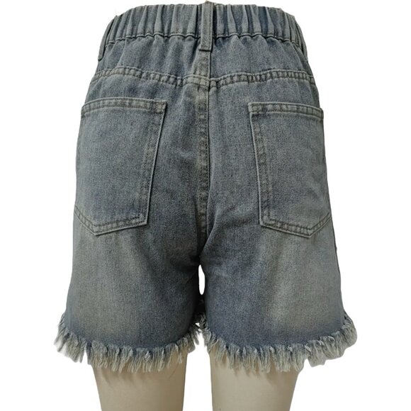 Women Studded Denim Shorts Size L High Elastic Waist Decorated Studs Frayed Hem - Picture 4 of 12